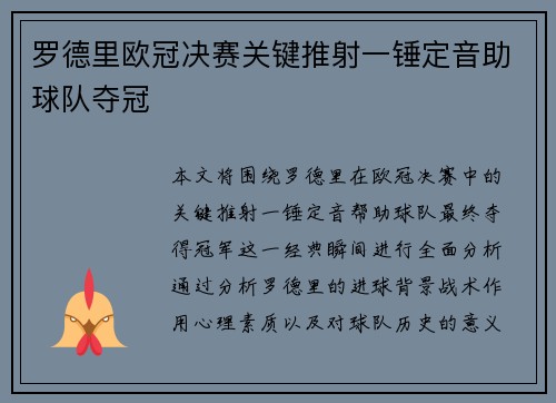 罗德里欧冠决赛关键推射一锤定音助球队夺冠