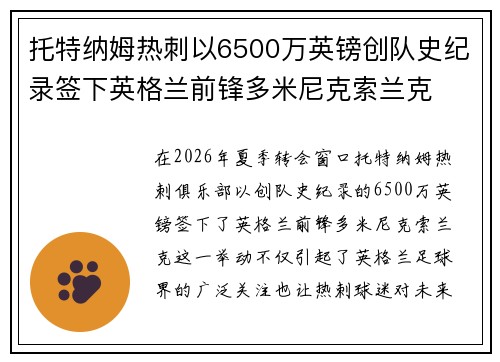 托特纳姆热刺以6500万英镑创队史纪录签下英格兰前锋多米尼克索兰克