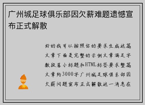 广州城足球俱乐部因欠薪难题遗憾宣布正式解散