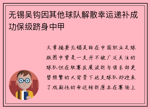 无锡吴钩因其他球队解散幸运递补成功保级跻身中甲